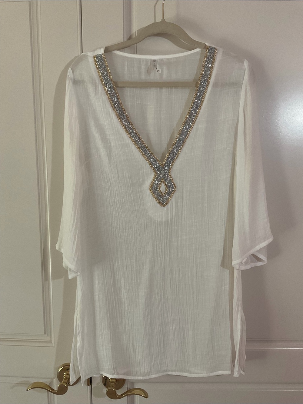 White Beaded V-Neck Swim Coverup Tunic